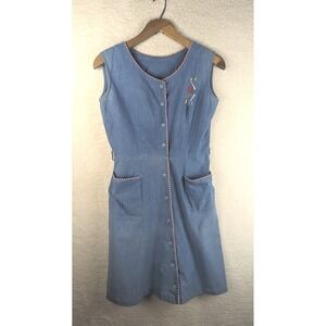 Vtg Pat Perkins Romper Dress Archery Embroidered Denim Chambray Look Pockets